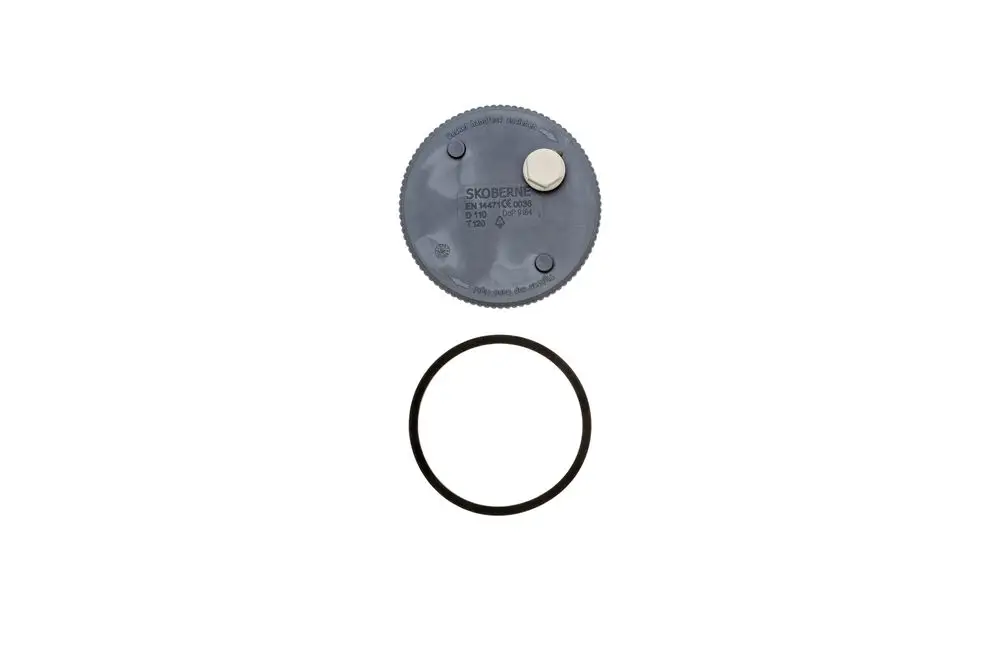 Brötje Deckel in Grau mit zentralem Metallknopf und einer Gummidichtung, geeignet für Kesselanschlüsse.