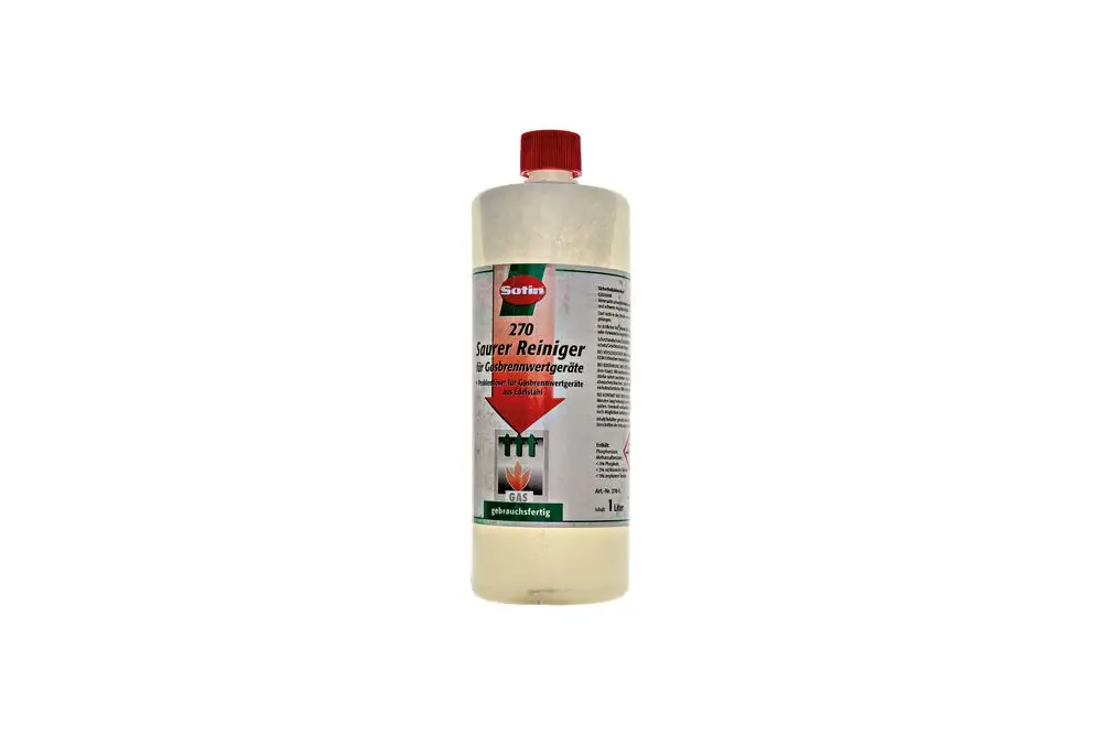 Reinigungsflasche von Brötje mit rotem Deckel und beschriftetem Etikett. Flüssigkeit in Klarsichtbehälter, mit Hinweise zur Anwendung auf dem Etikett.