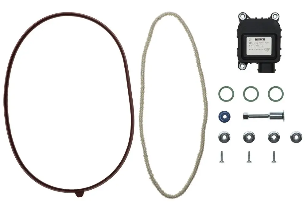 Brötje Motor für Luftverteiler, bestehend aus einem Motor, Dichtungen, Schrauben und einem Antriebsband, in verschiedenen Farbtönen.