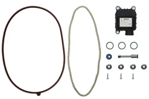 Brötje Motor für Luftverteiler, bestehend aus einem Motor, Dichtungen, Schrauben und einem Antriebsband, in verschiedenen Farbtönen.