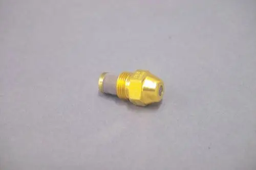 Brötje Düse in Goldfarbe mit einem konvexen Ende und Gewinde, geeignet für Heizungsanwendungen. Die Düse hat eine geriffelte Oberfläche für besseren Halt.