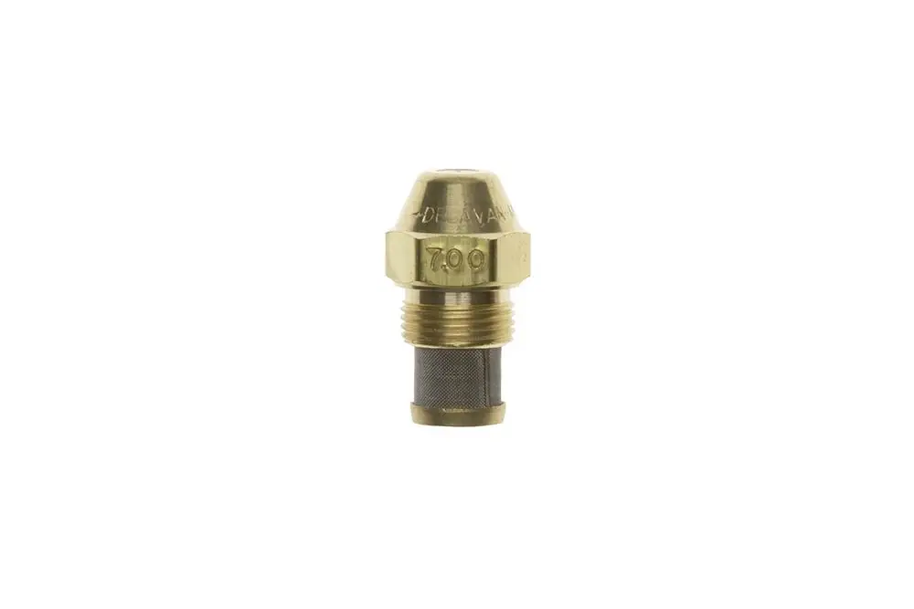 Brass nozzle from Brötje with a mesh filter and threaded connection, designed for fluid dispersion in heating systems.