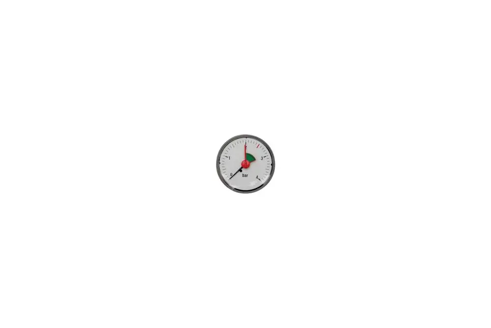 Manometer von Brötje mit einem Ziffernblatt, das Werte von 0 bis 4 bar anzeigt, rot markierte Nadel auf einem weißen Hintergrund.