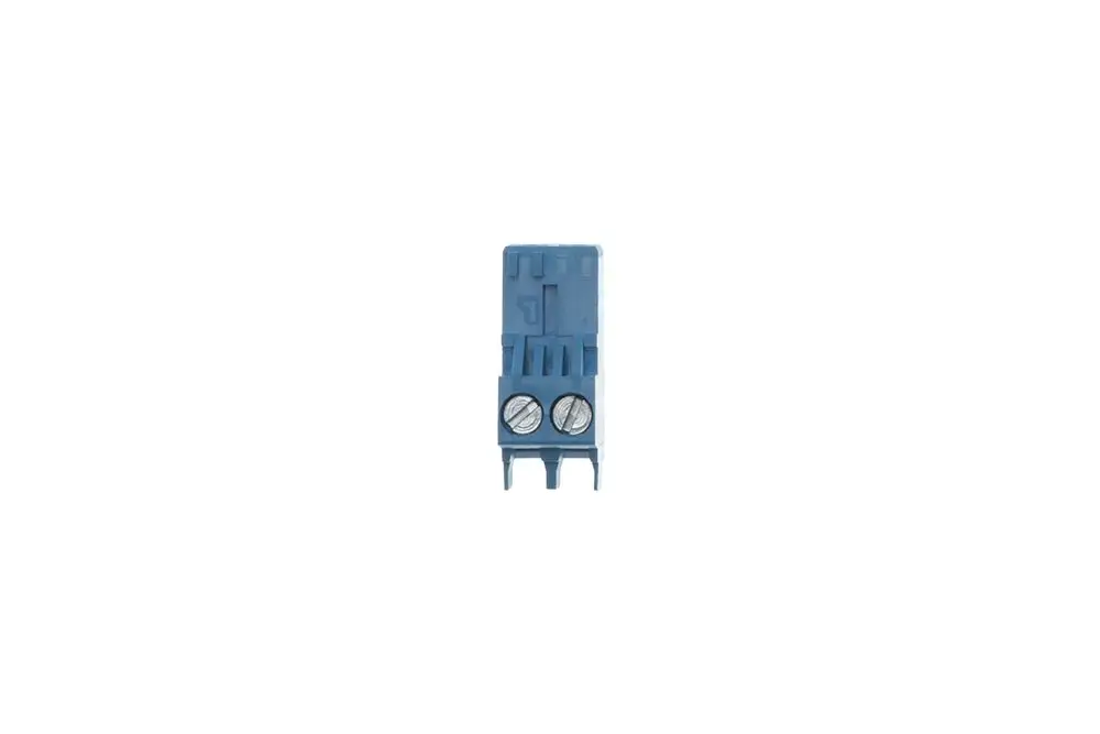 Blauer Stecker mit zwei Schraubklemmen im oberen Bereich. Das Produkt gehört zur Marke Brötje und ist für elektrische Verbindungen konzipiert.