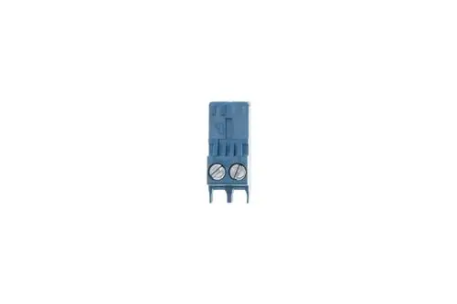 Blauer Stecker mit zwei Schraubklemmen im oberen Bereich. Das Produkt gehört zur Marke Brötje und ist für elektrische Verbindungen konzipiert.