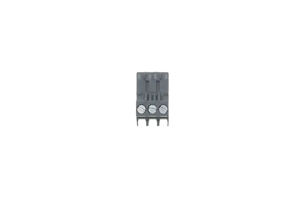 Grauer Stecker von Brötje mit drei Polen und zwei Schraubklemmen zur elektrischen Verbindung. Kompakt und funktional gestaltet.