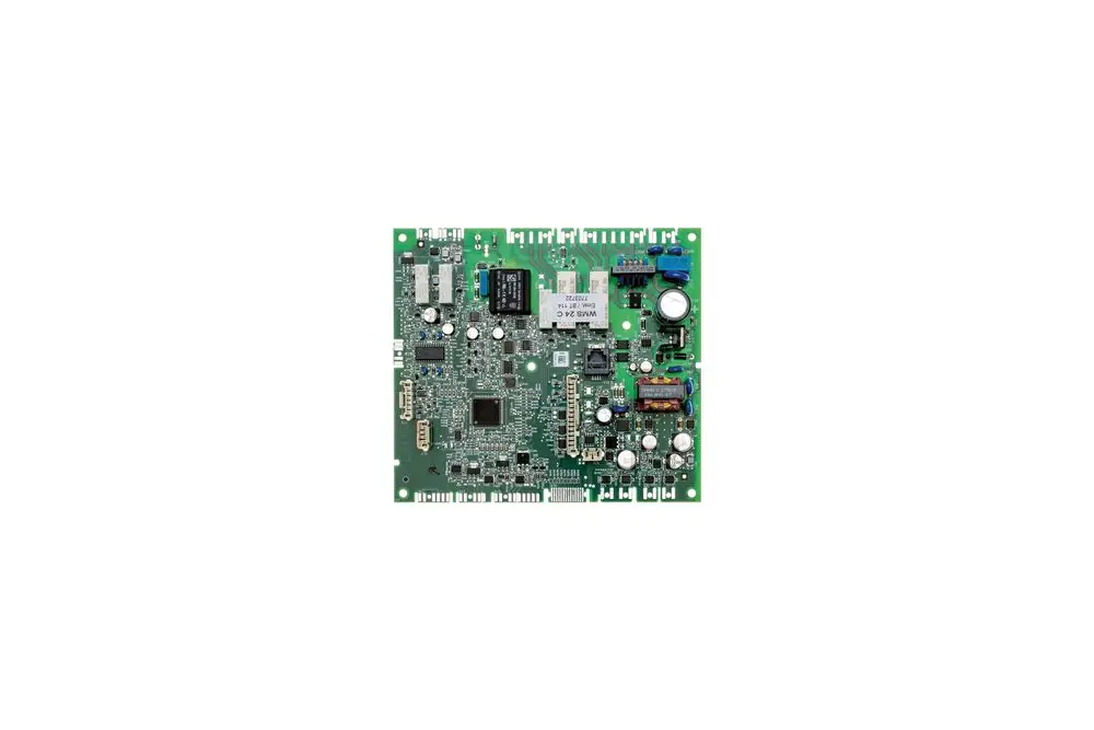 Grüne elektronische Platine mit verschiedenen Komponenten und Anschlüssen, produziert von Brötje, dient als zentrale Steuereinheit für Heizsysteme.