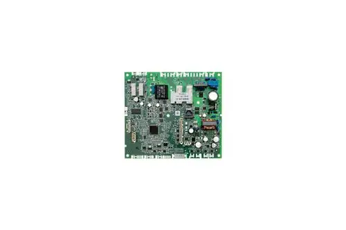 Grüne elektronische Platine mit verschiedenen Komponenten und Anschlüssen, produziert von Brötje, dient als zentrale Steuereinheit für Heizsysteme.
