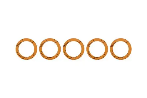 Fünf orangefarbene Dichtungsringe mit der Marke Brötje, die kreisförmig angeordnet sind, auf hellem Hintergrund.