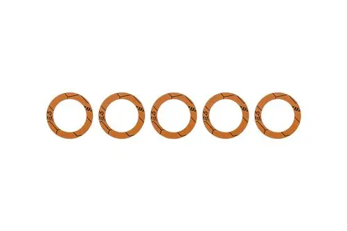 Fünf runde Dichtungen in Orange, die die Marke Brötje repräsentieren, mit sichtbaren Linienmustern und einem gleichmäßigen Durchmesser, auf einem neutralen Hintergrund angeordnet.
