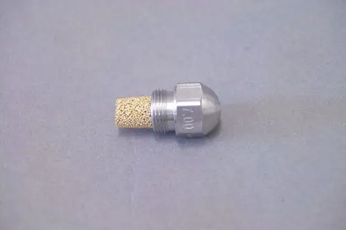 Brötje Düse mit einem metallischen Gewinde und einem porösen, goldfarbenen Filterelement. Das Produkt hat eine zylindrische Form.