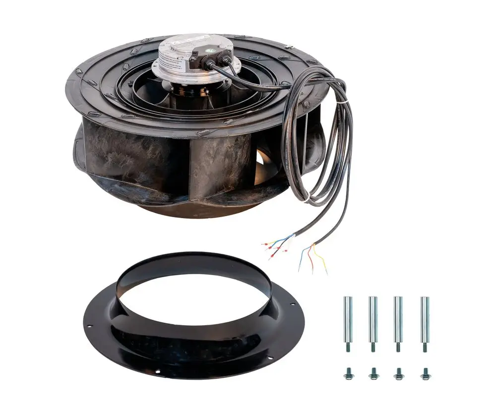 Brötje Ventilatorset mit Motor, Kabeln und Montagesatz, bestehend aus Gehäuse und Halterung für die Luftzirkulation in Heizsystemen.
