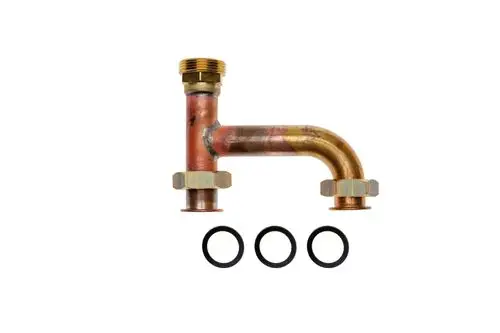 Brötje hydraulischer Verteiler aus Kupfer mit einer geraden Verbindung und zwei mutterseitigen Anschlüssen, begleitet von drei Dichtungsringen.