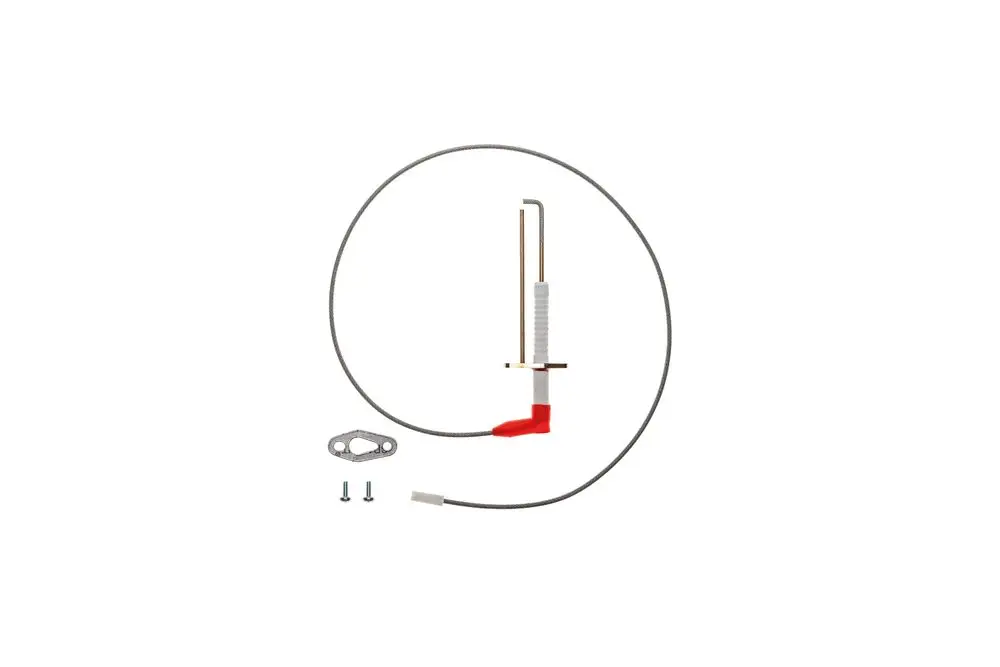 Brötje Zünd- und Ionisationselektrode mit Zündkabel. Das Produkt umfasst eine Elektrode mit einer flexiblen Verbindung und Montageschrauben.