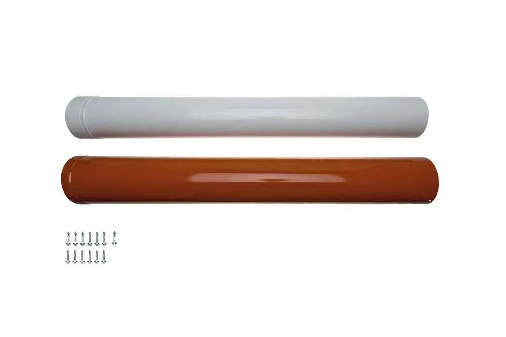 Zwei farbige Rohre, eines rot und eines weiß, liegen übereinander. Neben den Rohren sind mehrere Schrauben angeordnet. Brötje-Produkt zur Rohrverlängerung.