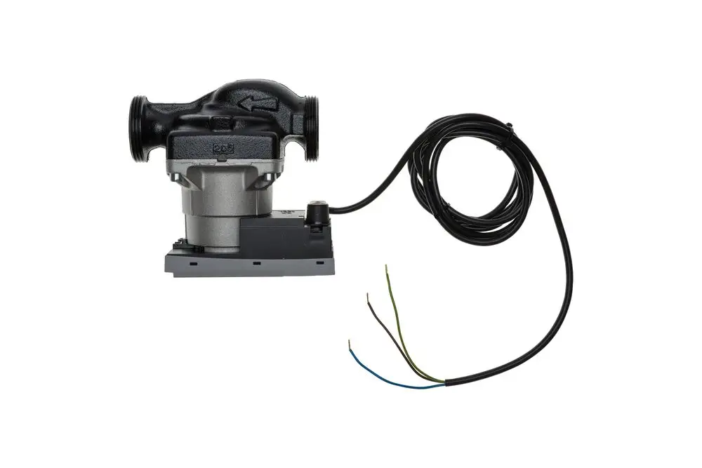 Brötje Pumpe mit zwei Anschlussöffnungen und einem Kabel mit mehreren Drähten, montiert auf einer rechteckigen Basis.