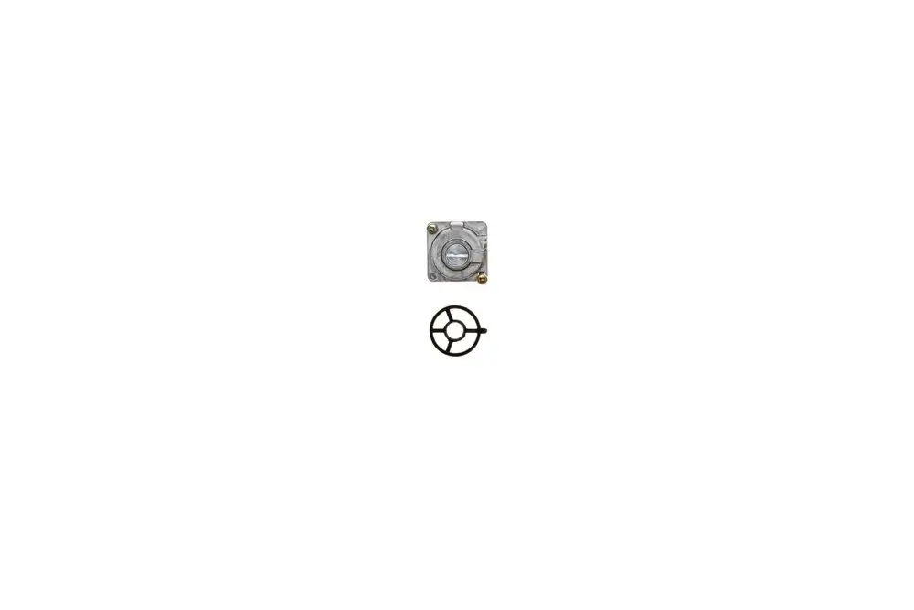 Brötje Druckregler für Flüssiggas, quadratisches Metallgehäuse mit einem runden, drehbaren Element und zwei Anschlüssen, darunter ein kreisförmiges Symbol.