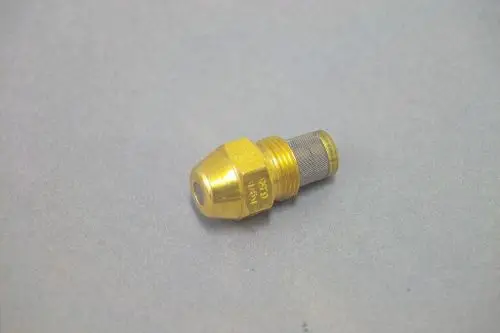 Brass nozzle with a conical shape, featuring a mesh filter at one end and a threaded connection, identified as a component used in heating systems by Brötje.