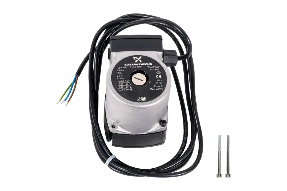 Grundfos Umwälzpumpe mit einem Kabel und zwei Befestigungsschrauben. Das Produkt ist in einem metallischen Gehäuse untergebracht. Ideal für Heizungsanwendungen.