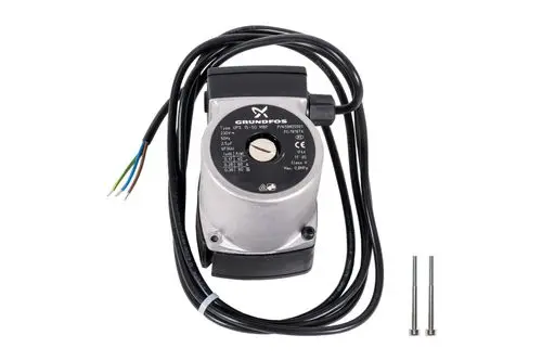 Grundfos Umwälzpumpe mit einem Kabel und zwei Befestigungsschrauben. Das Produkt ist in einem metallischen Gehäuse untergebracht. Ideal für Heizungsanwendungen.