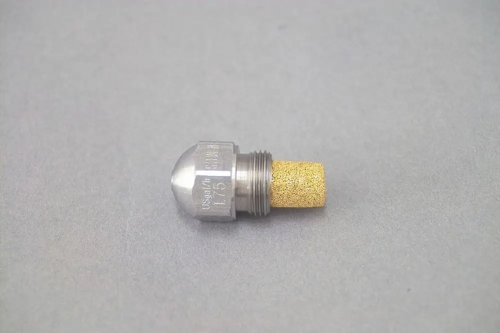 Brötje Düse mit runder Form und einem porösen Einsatz, ausgestattet mit Gewinde. Farbton in Silber und Beige, auf hellem Hintergrund präsentiert.