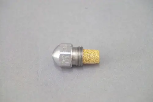 Brötje Düse mit runder Form und einem porösen Einsatz, ausgestattet mit Gewinde. Farbton in Silber und Beige, auf hellem Hintergrund präsentiert.