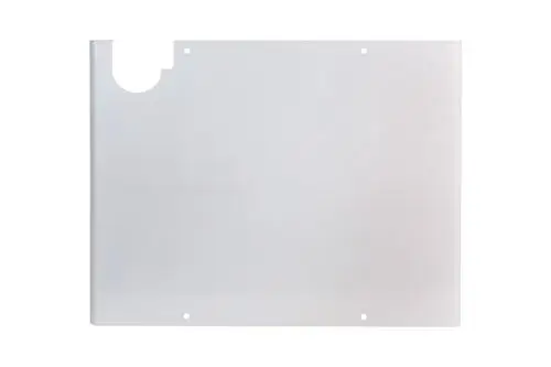 Transparente Abdeckung mit eckigen Kanten, geeignet für den Einsatz bei Brötje-Produkten. Mit Ausschnitten und Löchern zur Befestigung.