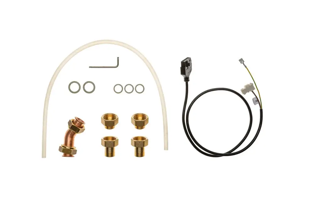 Brötje Adapter-Set mit Rohrbogen, Gewindefittings, Unterlegscheiben und elektrischen Kabeln für verschiedene Heizungsanwendungen.