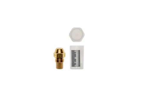 Düse in Goldfarbe mit Gewinde und geschütztem Bereich für die Verwendung in Heizsystemen, Hersteller Brötje. Verpackt in einem transparenten Gehäuse.
