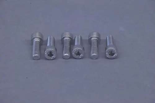 Brötje Schrauben-Set mit mehreren Metall-Schrauben, die eine Sekundäraufnahme für Inbus-Schraubenzüge aufweisen, angeordnet in einer Reihe auf grauem Hintergrund.