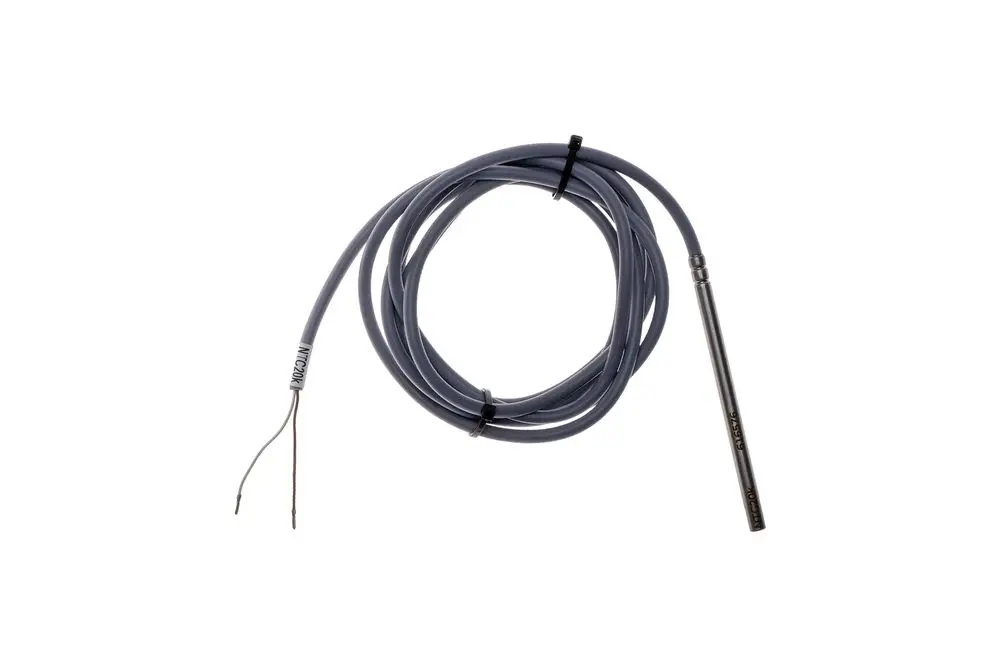 Temperaturfühler mit grauem Kabel und einem Metallfühler, hergestellt von Brötje, geeignet zur Wärmeüberwachung. Kabel in einer Schlaufe angeordnet.