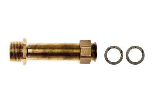 Verchromenes Metallrohr mit zwei Dichtscheiben. Das Rohr hat ein gewinde mit einer Mutter auf der einen Seite und ist für Brötje Produkte geeignet.