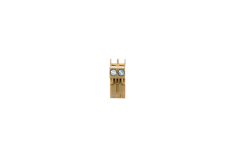 Brötje-Stecker mit zwei Anschlussklemmen, in beige, zur elektrischen Verbindung im Einsatz. Nutzerfreundliches Design, geeignet für diverse Anwendungen.