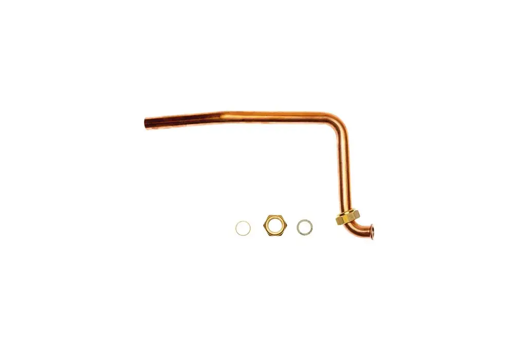 Kupferrohr mit einer L-Form und Anschlüssen, begleitet von zwei Unterlegscheiben und einer Mutter. Produkt von Brötje für Heizungsanwendungen.