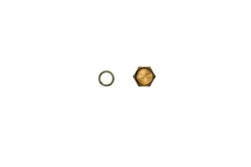 Goldene Kappe mit einer hexagonalen Form und einer runden Öffnung, daneben eine metallische Dichtung. Beide Teile könnten zu einem Brötje-Produkt gehören.