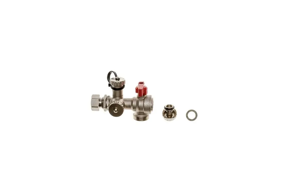 Brötje Kugelhahn aus Metall mit einer roten Handradverstellung und mehreren Anschlüssen. Einzelteile sind enthalten, darunter eine Dichtung und ein weiteres Verbindungselement.