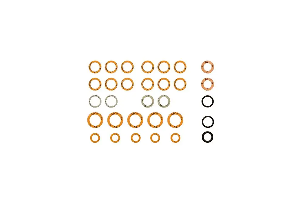 Beutel mit verschiedenen Dichtungen in Orange, Silber und Schwarz für Anwendungen in Warmwassererwärmern von Brötje, angeordnet auf einem weißen Hintergrund.