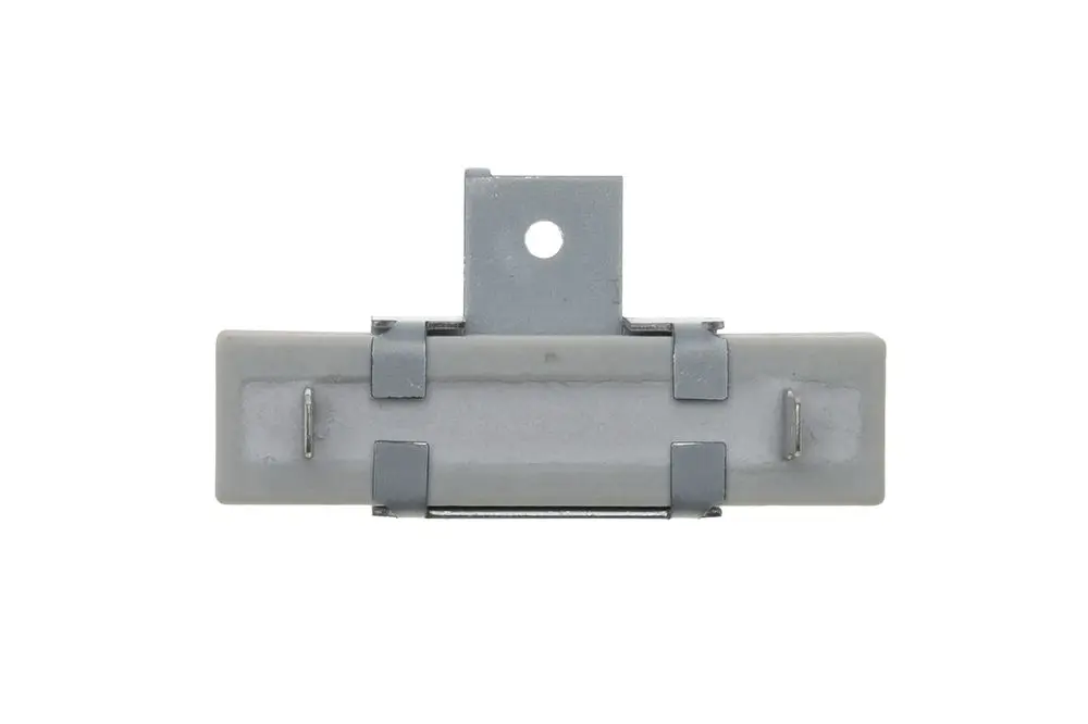 Grauer Widerstand mit metallener Halterung, versehen mit zwei seitlichen Clips. Die Halterung hat ein Loch für die Befestigung. Produkt von Brötje.