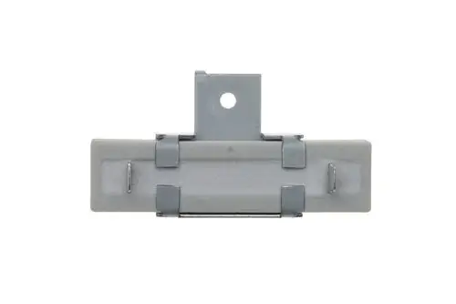 Grauer Widerstand mit metallener Halterung, versehen mit zwei seitlichen Clips. Die Halterung hat ein Loch für die Befestigung. Produkt von Brötje.