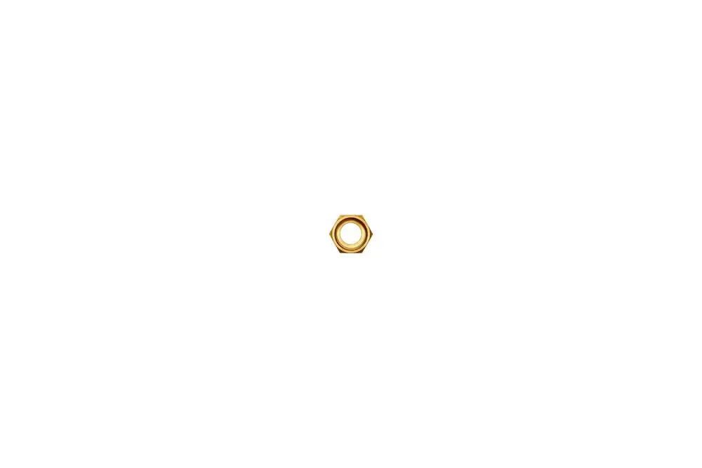 Brötje Doppelnippel in goldener Farbe, sechseckig, mit einem zentralen Loch. Vor neutralem Hintergrund abgebildet.