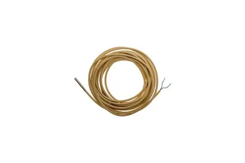 Brötje Speicherfühler mit länglichem, gelben Kabel, das zu einem Kreis gewickelt ist, und freiliegenden Drähten an einem Ende.