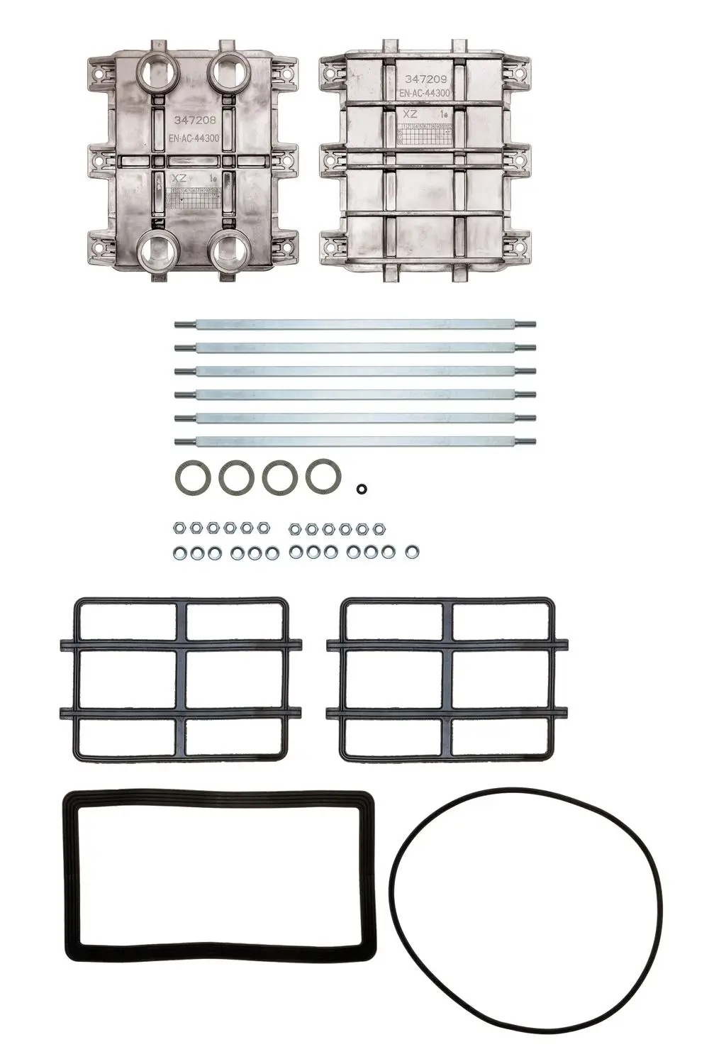 Brötje-Systemkomponenten in einem Anordnung mit zwei Aluminiumplatten, Stangen, O-Ringen und Dichtungen, die für den flexiblen Schlauch BLW NEO geeignet sind.