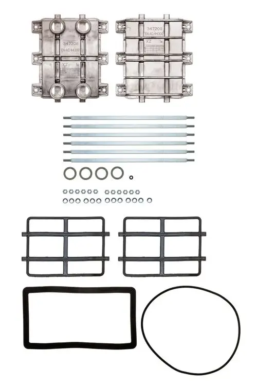 Brötje-Systemkomponenten in einem Anordnung mit zwei Aluminiumplatten, Stangen, O-Ringen und Dichtungen, die für den flexiblen Schlauch BLW NEO geeignet sind.