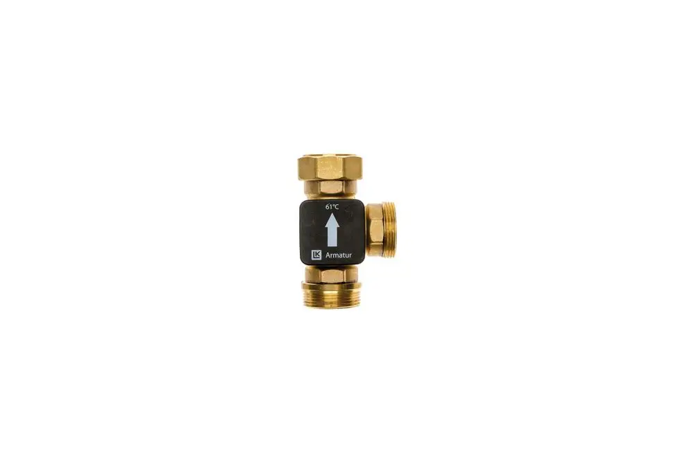 Brass valve with temperature indicator and directional arrow, part of Brötje's product line, designed for fluid control in heating systems.