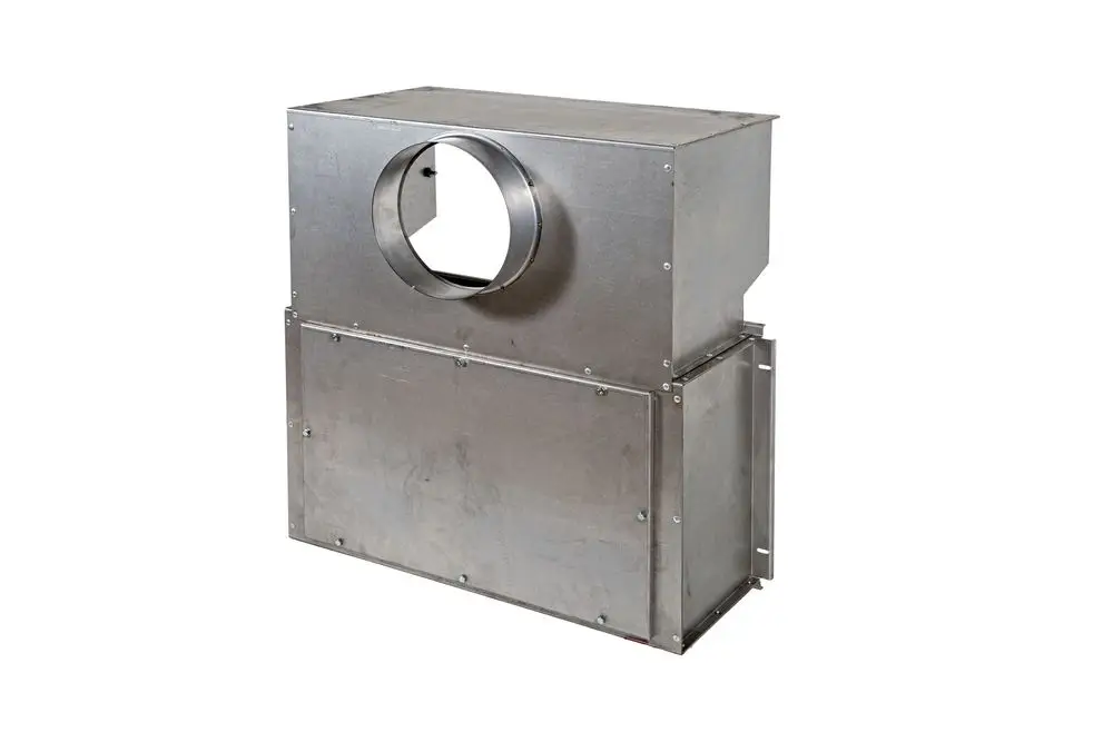 Brötje Strömungssicherung aus Metall mit einem runden Anschluss oben, geeignet für Heizsysteme. Sichtbare Verschlüsse und eine rechteckige Bauform.