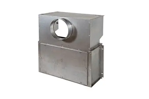 Brötje Strömungssicherung aus Metall mit einem runden Anschluss oben, geeignet für Heizsysteme. Sichtbare Verschlüsse und eine rechteckige Bauform.
