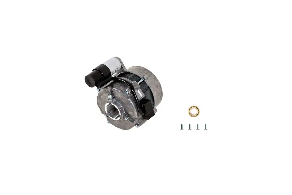 Brötje Motor mit angeschlossenem Sensor, metallisches Gehäuse, mittig platzierte Anschlussöffnung, vier Schrauben und eine Dichtung im Bild.