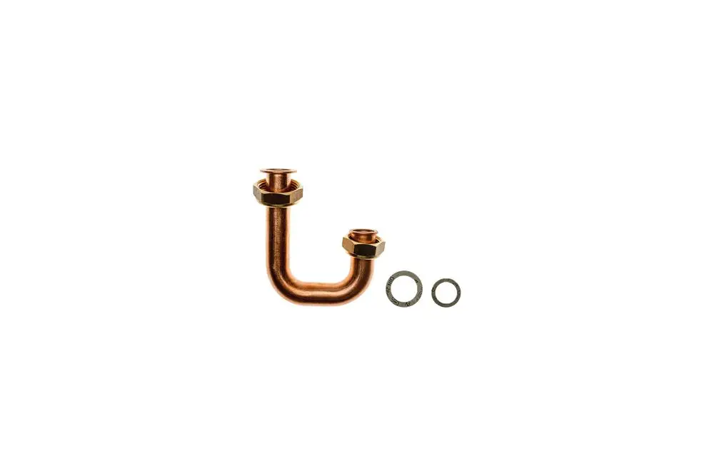Kupferrohr mit U-Form von Brötje, ausgestattet mit zwei Anschlussmuttern und Dichtungen. Ideal für Heizungs- und Sanitärinstallationen.