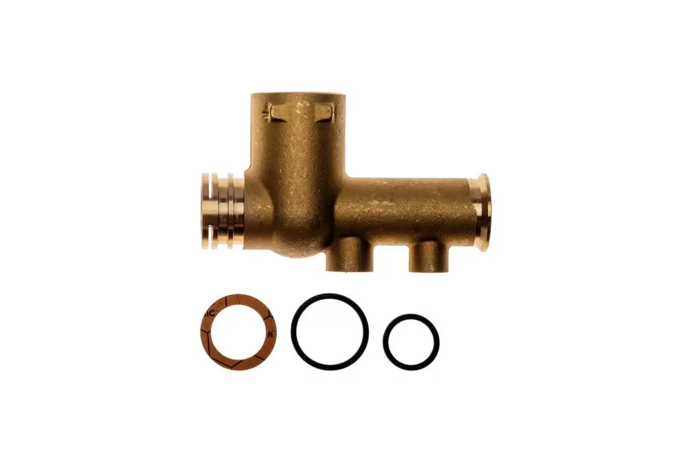 Brötje Rohr unter Hydroblock, aus massivem Metall, mit mehreren Anschlussmöglichkeiten. Enthalten sind Dichtungsringe zur sicheren Abdichtung.