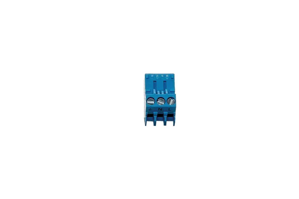 Blauer Stecker mit vier Anschlussklemmen, beschriftet mit "N" und "L", wahrscheinlich für eine Brötje Speicherpumpe.